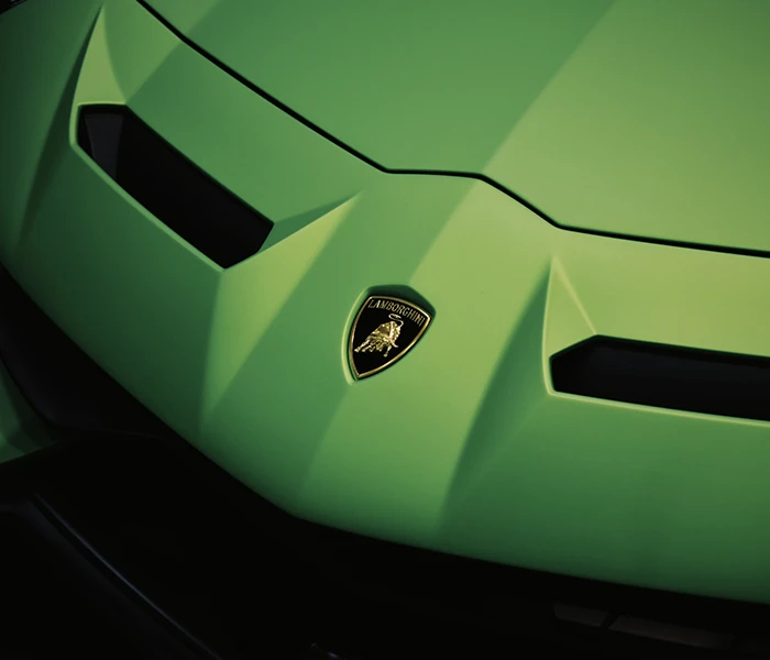 Close Up of green Lamborghini bonnet with logo