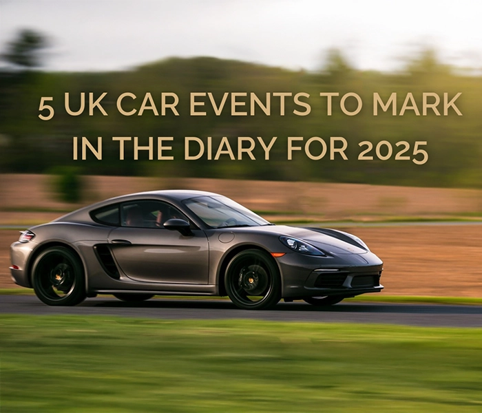 Porsche driving on the road with "5 UK Car Events To Mark In The Diary For 2025" writing