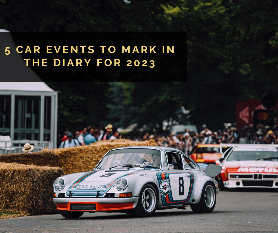 Photo of a red and white Porsche racing at the Goodwood Festival of Speed with blog title overlaid