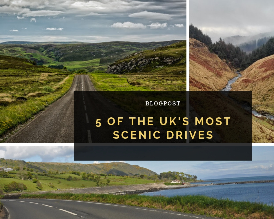 Collection of UK scenic views with the blog post title "5 of the UKs Most Scenic Drives" overlaid