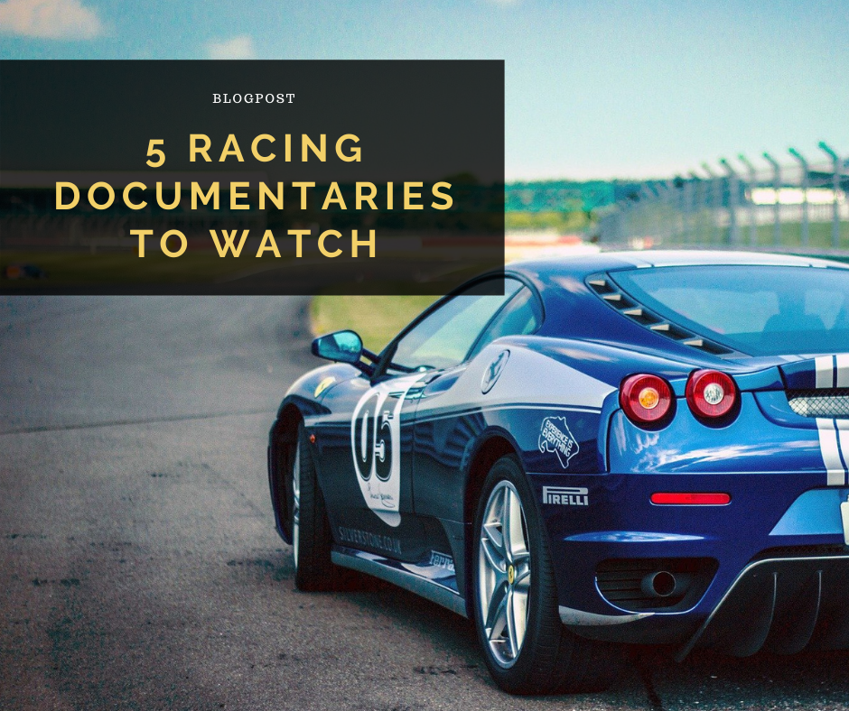 Blue Ferrari race car with the blog post title "5 Racing Documentaries to Watch" overlaid