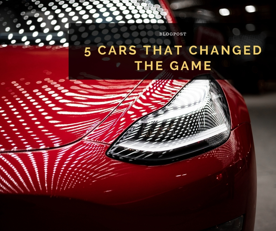 Front left headlamp of a red Tesla car with the blog post title "5 Cars That Changed The Game" overlaid