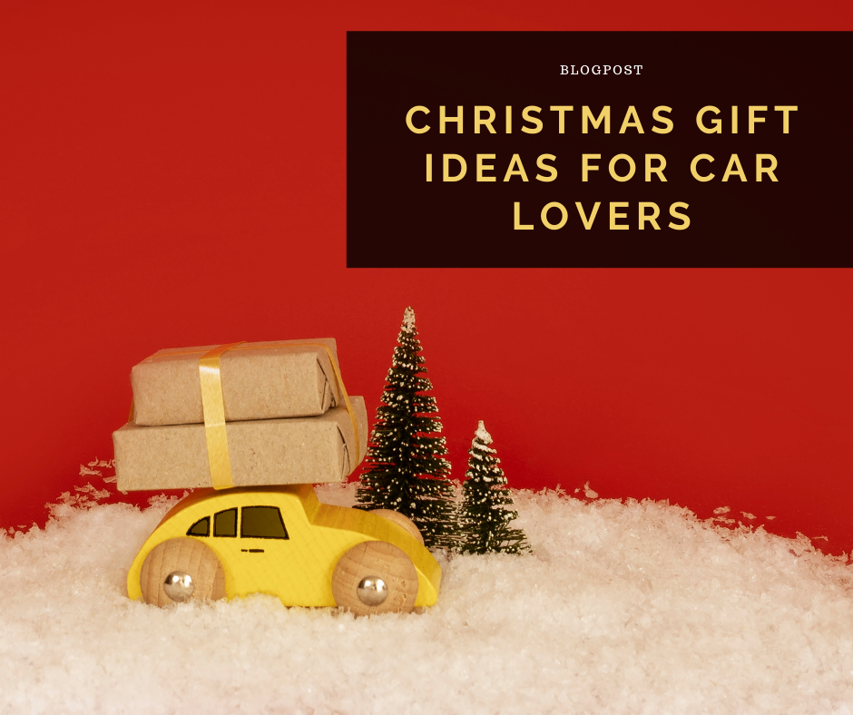 Small toy car and Christmas tree with the blog post title "Christmas Gift Ideas For Car Lovers" overlaid
