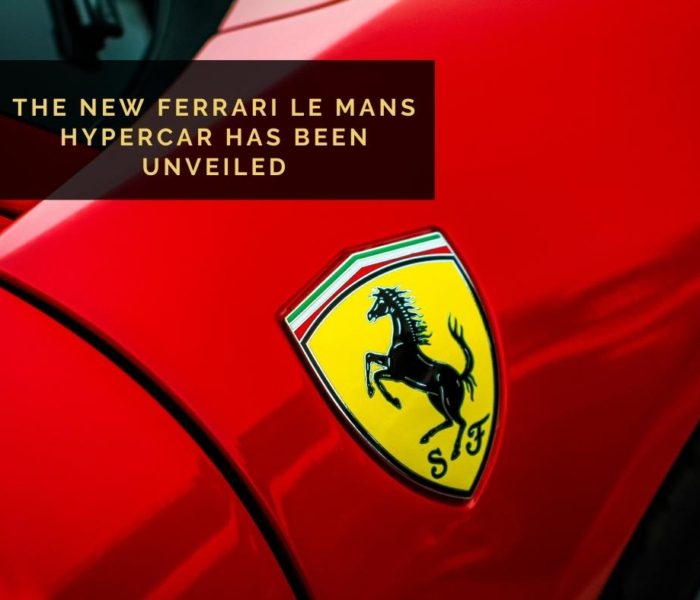 Image of Ferrari logo with blogpost title saying 'The new Ferrari Le Mans hypercar has been unveiled"
