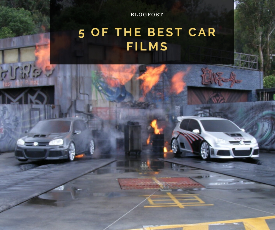 Two VW Golfs in an urban scene with fire and the blog post title "5 Of The Best Car Films" overlaid