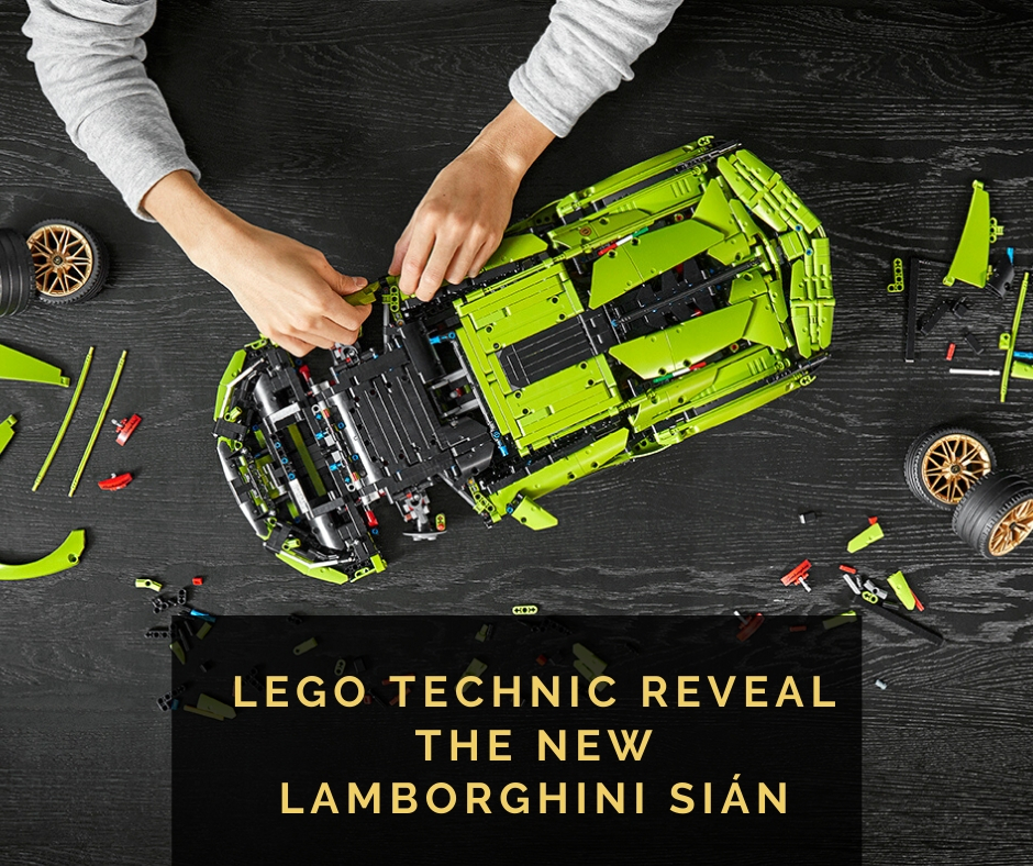 Top-down view of a man building the Lamborghini Sian Lego Technic with the blog post title "Lego Technic Reveal The New Lamborghini Sian" overlaid