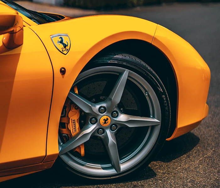 Front right view of a yellow Ferrari